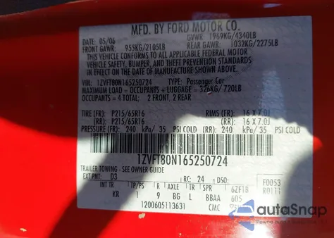 2006 Ford Mustang V6 из США, поврежденный, VIN 1ZVFT80N165250724